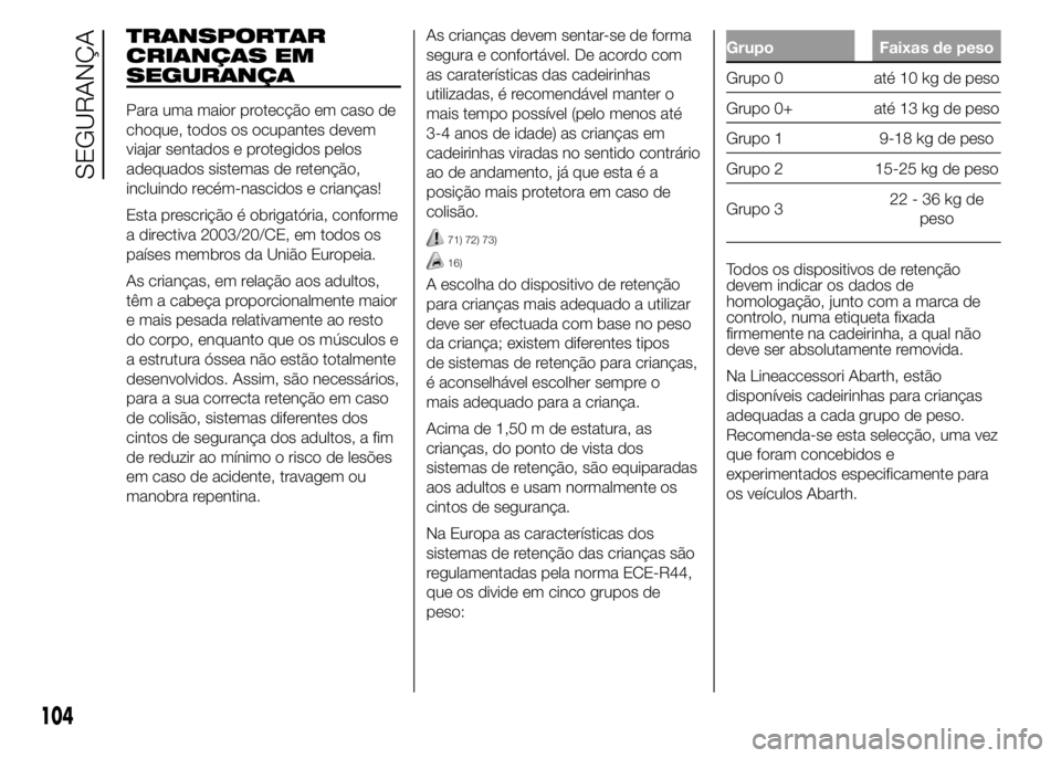 Abarth 500 2016  Manual de Uso e Manutenção (in Portuguese) TRANSPORTAR
CRIANÇAS EM
SEGURANÇA
Para uma maior protecção em caso de
choque, todos os ocupantes devem
viajar sentados e protegidos pelos
adequados sistemas de retenção,
incluindo recém-nascido
