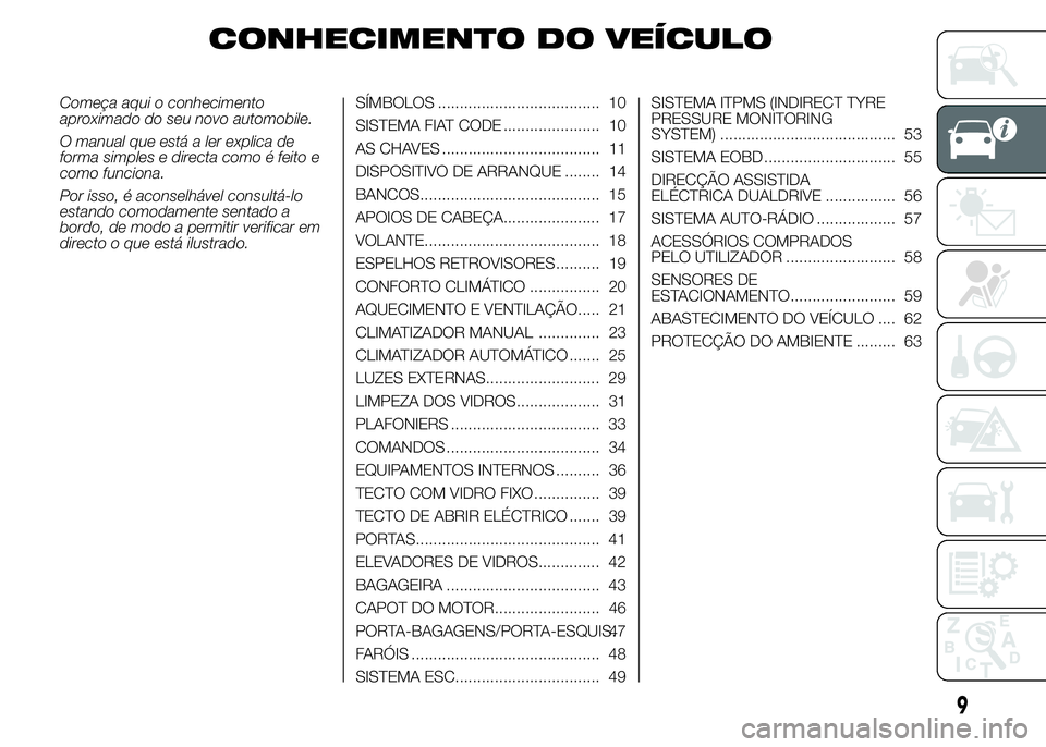Abarth 500 2015 Manual de Uso e Manutenção (in Portuguese) CONHECIMENTO DO VEÍCULO
Começa aqui o conhecimento
aproximado do seu novo automobile.
O manual que está a ler explica de
forma simples e directa como é feito e
como funciona.
Por isso, é aconselh Abarth 500 2015 Manual de Uso e Manutenção (in Portuguese) CONHECIMENTO DO VEÍCULO
Começa aqui o conhecimento
aproximado do seu novo automobile.
O manual que está a ler explica de
forma simples e directa como é feito e
como funciona.
Por isso, é aconselh