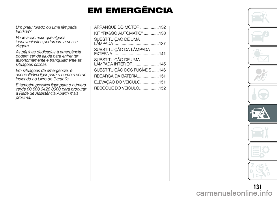 Abarth 500 2016  Manual de Uso e Manutenção (in Portuguese) EM EMERGÊNCIA
Um pneu furado ou uma lâmpada
fundida?
Pode acontecer que alguns
inconvenientes perturbem a nossa
viagem.
As páginas dedicadas à emergência
podem ser de ajuda para enfrentar
autonom