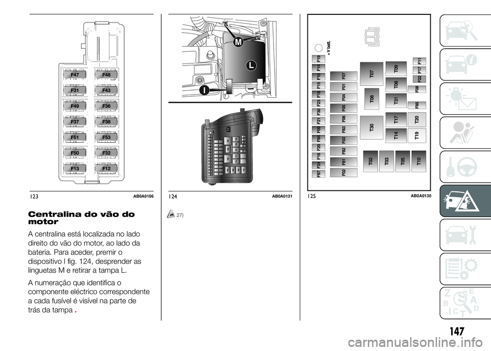 Abarth 500 2016  Manual de Uso e Manutenção (in Portuguese) Centralina do vão do
motor
A centralina está localizada no lado
direito do vão do motor, ao lado da
bateria. Para aceder, premir o
dispositivo I fig. 124, desprender as
linguetas M e retirar a tamp
