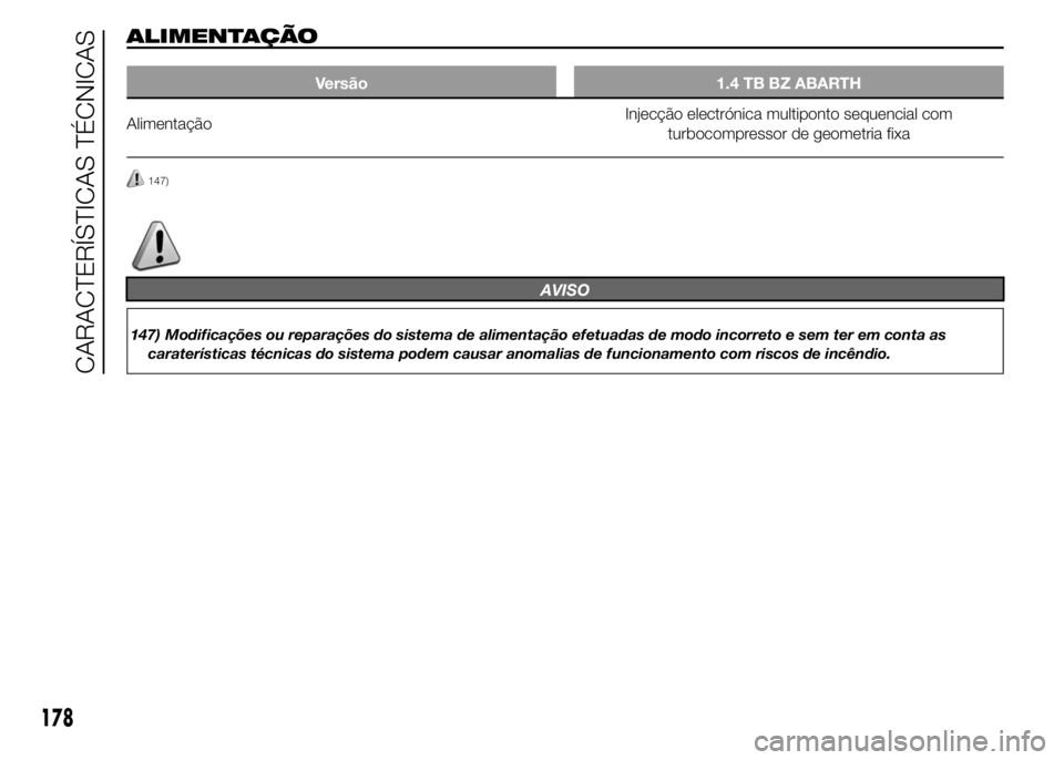 Abarth 500 2016  Manual de Uso e Manutenção (in Portuguese) ALIMENTAÇÃO
Versão 1.4 TB BZ ABARTH
AlimentaçãoInjecção electrónica multiponto sequencial com
turbocompressor de geometria fixa
147)
AVISO
147) Modificações ou reparações do sistema de ali