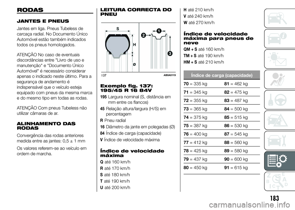 Abarth 500 2016  Manual de Uso e Manutenção (in Portuguese) RODAS
JANTES E PNEUS
Jantes em liga. Pneus Tubeless de
carcaça radial. No Documento Único
Automóvel estão também indicados
todos os pneus homologados.
ATENÇÃO No caso de eventuais
discordância