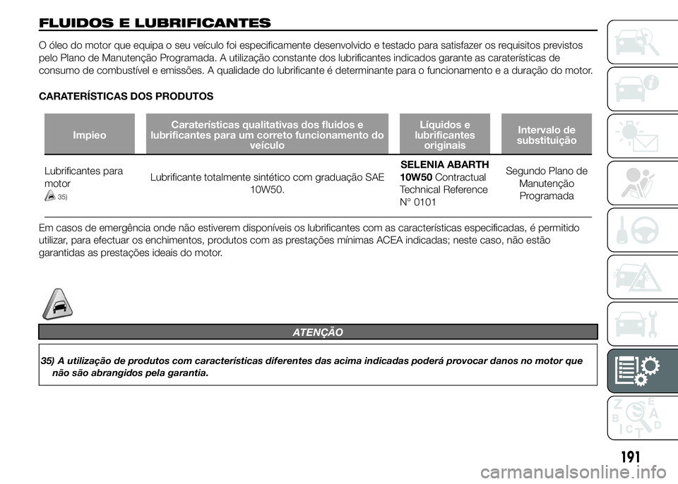 Abarth 500 2016  Manual de Uso e Manutenção (in Portuguese) FLUIDOS E LUBRIFICANTES
O óleo do motor que equipa o seu veículo foi especificamente desenvolvido e testado para satisfazer os requisitos previstos
pelo Plano de Manutenção Programada. A utilizaç
