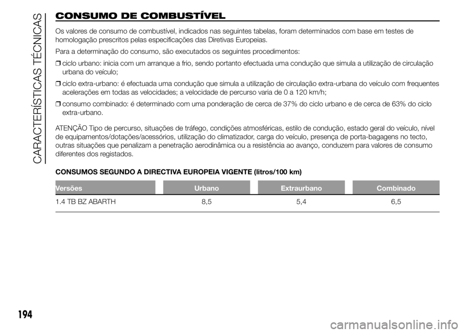Abarth 500 2016  Manual de Uso e Manutenção (in Portuguese) CONSUMO DE COMBUSTÍVEL
Os valores de consumo de combustível, indicados nas seguintes tabelas, foram determinados com base em testes de
homologação prescritos pelas especificações das Diretivas E