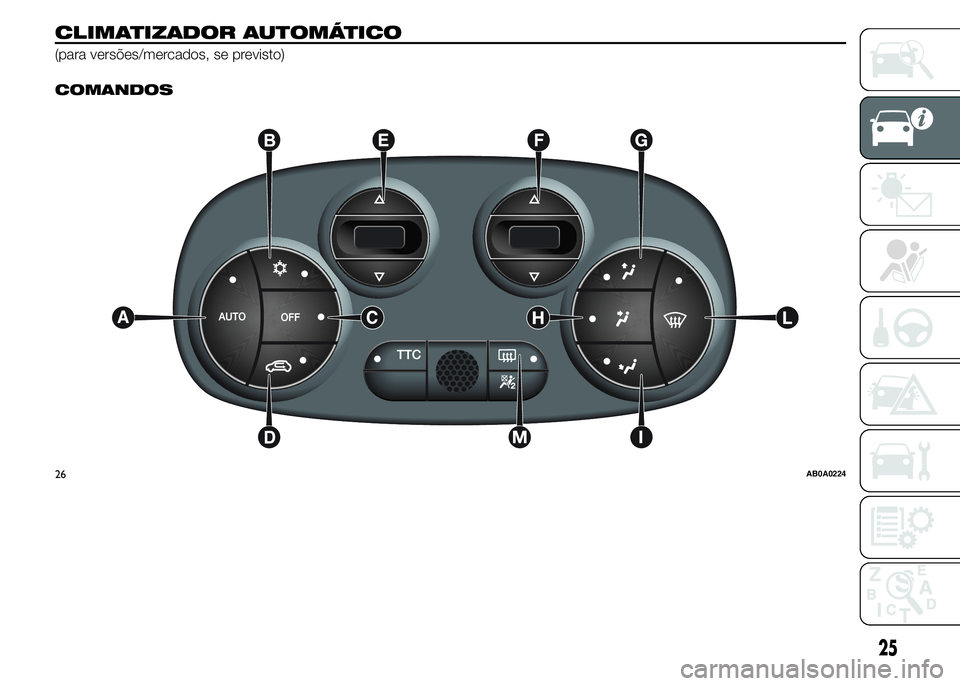 Abarth 500 2015 Manual de Uso e Manutenção (in Portuguese) CLIMATIZADOR AUTOMÁTICO
(para versões/mercados, se previsto).
COMANDOS
26AB0A0224
25 Abarth 500 2015 Manual de Uso e Manutenção (in Portuguese) CLIMATIZADOR AUTOMÁTICO
(para versões/mercados, se previsto).
COMANDOS
26AB0A0224
25