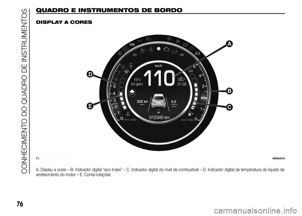 Abarth 500 2015 Manual de Uso e Manutenção (in Portuguese) QUADRO E INSTRUMENTOS DE BORDO.
DISPLAY A CORES
A. Display a cores – B. Indicador digital “eco Index” – C. Indicador digital do nível de combustível – D. Indicador digital de temperatura d Abarth 500 2015 Manual de Uso e Manutenção (in Portuguese) QUADRO E INSTRUMENTOS DE BORDO.
DISPLAY A CORES
A. Display a cores – B. Indicador digital “eco Index” – C. Indicador digital do nível de combustível – D. Indicador digital de temperatura d