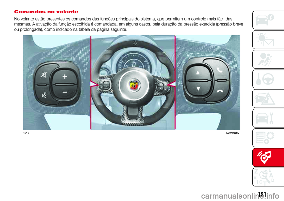 Abarth 500 2017 Manual de Uso e Manutenção (in Portuguese) Comandos no volante
No volante estão presentes os comandos das funções principais do sistema, que permitem um controlo mais fácil das
mesmas. A ativação da função escolhida é comandada, em al Abarth 500 2017 Manual de Uso e Manutenção (in Portuguese) Comandos no volante
No volante estão presentes os comandos das funções principais do sistema, que permitem um controlo mais fácil das
mesmas. A ativação da função escolhida é comandada, em al