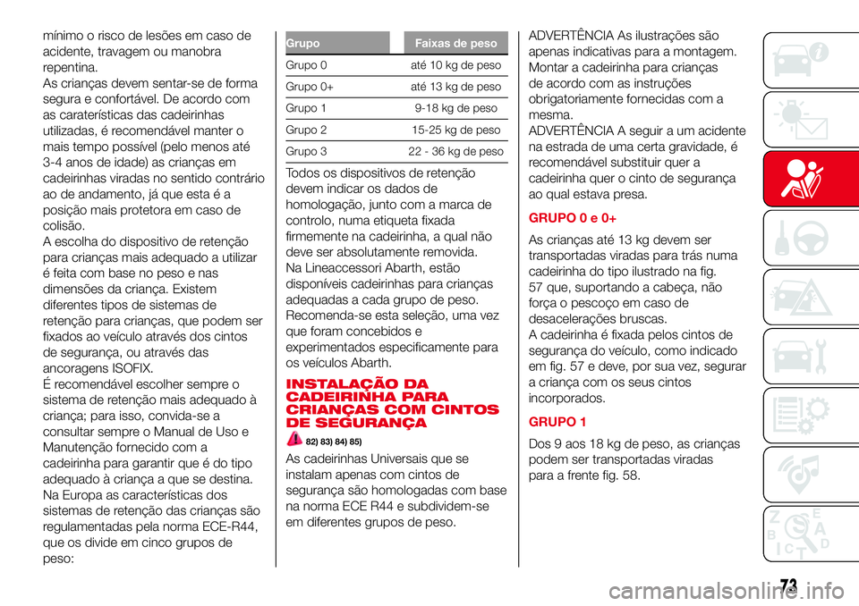 Abarth 500 2017 Manual de Uso e Manutenção (in Portuguese) mínimo o risco de lesões em caso de
acidente, travagem ou manobra
repentina.
As crianças devem sentar-se de forma
segura e confortável. De acordo com
as caraterísticas das cadeirinhas
utilizadas, Abarth 500 2017 Manual de Uso e Manutenção (in Portuguese) mínimo o risco de lesões em caso de
acidente, travagem ou manobra
repentina.
As crianças devem sentar-se de forma
segura e confortável. De acordo com
as caraterísticas das cadeirinhas
utilizadas,