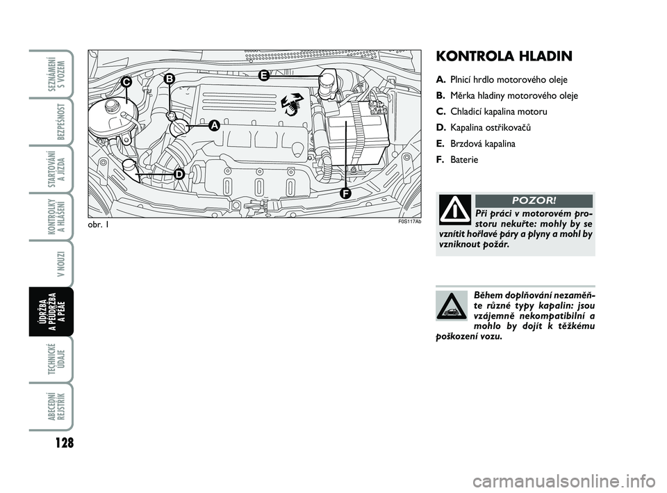 Abarth 500 2008  Návod k použití a údržbě (in Czech) KONTROLA HLADIN 
A.Plnicí hrdlo motorového oleje
B.Mûrka hladiny motorového oleje
C.Chladicí kapalina motoru
D.Kapalina ostﬁikovaãÛ
E.Brzdová kapalina
F.Baterie
obr. 1 
Pﬁi práci v motoro