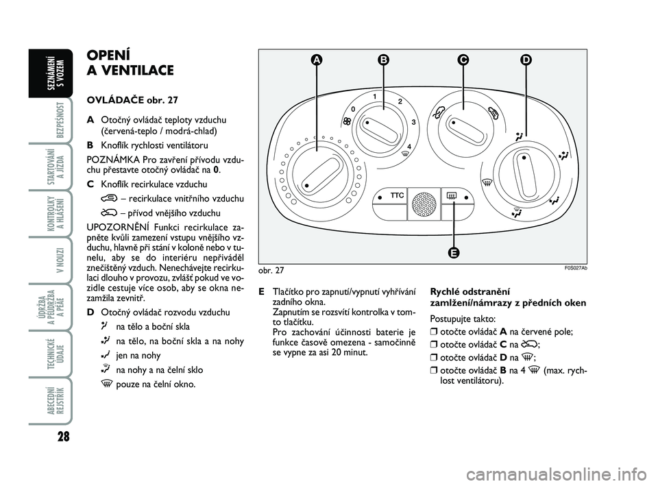 Abarth 500 2008  Návod k použití a údržbě (in Czech) 28
BEZPEŚNOST
STARTOVÁNÍ 
A JÍZDA
KONTROLKY 
A HLÁŠENÍ
V NOUZI
ÚDRŽBA 
A PÉÚDRŽBA 
A PÉÄE
TECHNICKÉ
ÚDAJE
ABECEDNÍ
REJSTŘÍK
SEZNÁMENÍ 
S VOZEM
obr. 27F0S027Ab
TTC
A
E
BCDOPENÍ 
A