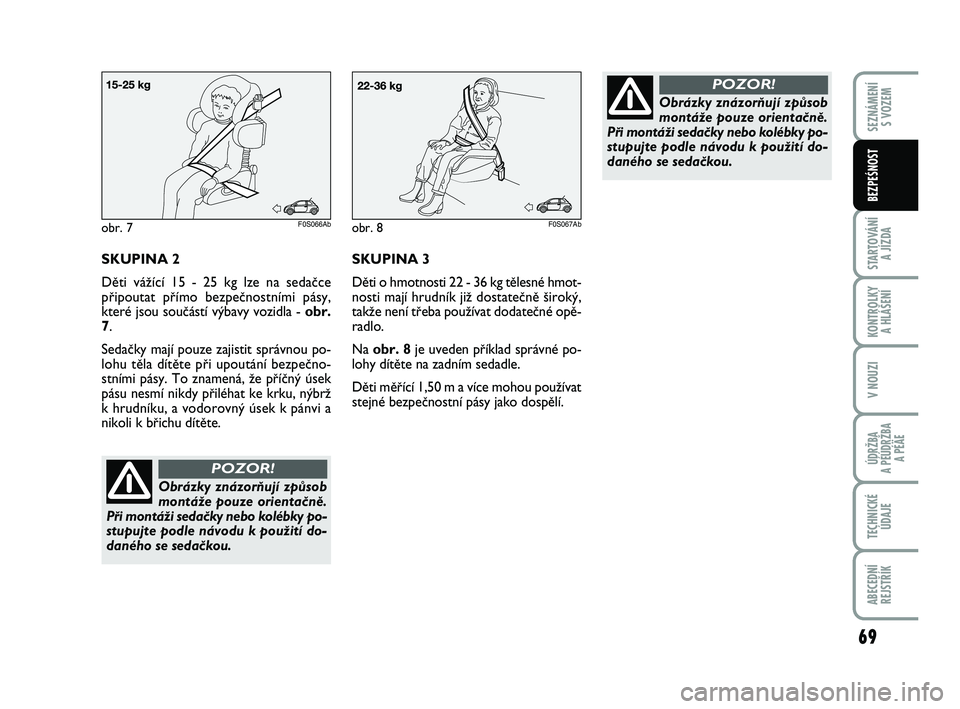 Abarth 500 2009  Návod k použití a údržbě (in Czech) 69
STARTOVÁNÍ 
A JÍZDA
KONTROLKY 
A HLÁŠENÍ
V NOUZI
ÚDRŽBA 
A PÉÚDRŽBA 
A PÉÄE
TECHNICKÉ
ÚDAJE
ABECEDNÍ
REJSTŘÍK
SEZNÁMENÍ 
S VOZEM
BEZPEŚNOST
SKUPINA 3
Dûti o hmotnosti 22 - 36 
