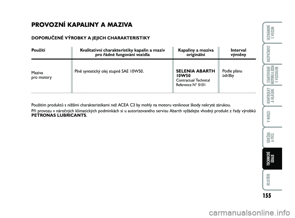 Abarth 500 2012  Návod k použití a údržbě (in Czech) 155
STARTOVÁNÍMOTORU A JÍZDAS VOZIDLEM
REJSTŘÍK
SEZNÁMENÍ 
S VOZEM
BEZPEČNOST
KONTROLKY 
A HLÁŠENÍ
V NOUZI
ÚDRŽBA 
A PÉČE
TECHNICKÉ
ÚDAJE
PROVOZNÍ KAPALINY A MAZIVA
DOPORUČENÉ VÝR