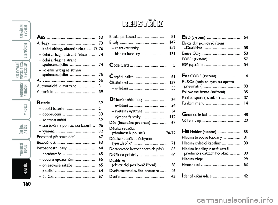 Abarth 500 2012  Návod k použití a údržbě (in Czech) 160
STARTOVÁNÍMOTORU A JÍZDAS VOZIDLEM
SEZNÁMENÍ 
S VOZEM
BEZPEČNOST
KONTROLKY 
A HLÁŠENÍ
V NOUZI
ÚDRŽBA 
A PÉČE
TECHNICKÉ
ÚDAJE
REJSTŘÍK
Brzda, parkovací ...........................