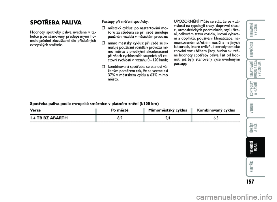 Abarth 500 2014  Návod k použití a údržbě (in Czech) 15\b
STARTOVÁNÍMOTORU A JÍZDAS VOZID\fEM
REJSTŘÍK
SEZNÁMENÍ 
S VOZEM
BEZPEČNOST
KONTRO\fKY 
A \b\fÁŠENÍ
V NOUZI
ÚDRŽBA 
A PÉČE
TEC\bNICKÉ
ÚDAJE
Po stupy  pci mace nW spotceb y:
�ma
