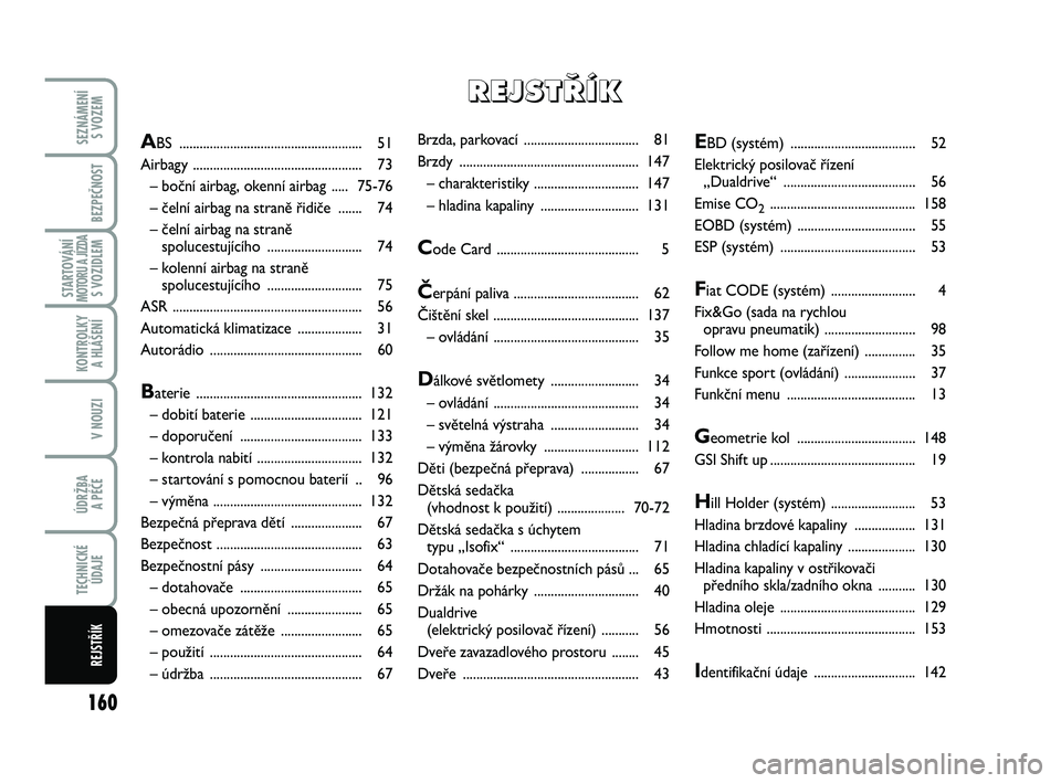 Abarth 500 2014  Návod k použití a údržbě (in Czech) 160
STARTOVÁNÍMOTORU A JÍZDAS VOZIDLEM
SEZNÁMENÍ 
S VOZEM
BEZPEČNOST
KONTROLKY 
A HLÁŠENÍ
V NOUZI
ÚDRŽBA 
A PÉČE
TECHNICKÉ
ÚDAJE
REJSTŘÍK
Brzda, parkovací ...........................