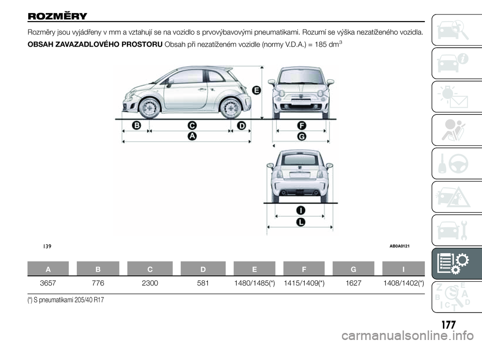 Abarth 500 2016 Návod k použití a údržbě (in Czech) ROZMĚRY
Rozměry jsou vyjádřeny v mm a vztahují se na vozidlo s prvovýbavovými pneumatikami. Rozumí se výška nezatíženého vozidla.
OBSAH ZAVAZADLOVÉHO PROSTORUObsah při nezatíženém vo Abarth 500 2016 Návod k použití a údržbě (in Czech) ROZMĚRY
Rozměry jsou vyjádřeny v mm a vztahují se na vozidlo s prvovýbavovými pneumatikami. Rozumí se výška nezatíženého vozidla.
OBSAH ZAVAZADLOVÉHO PROSTORUObsah při nezatíženém vo