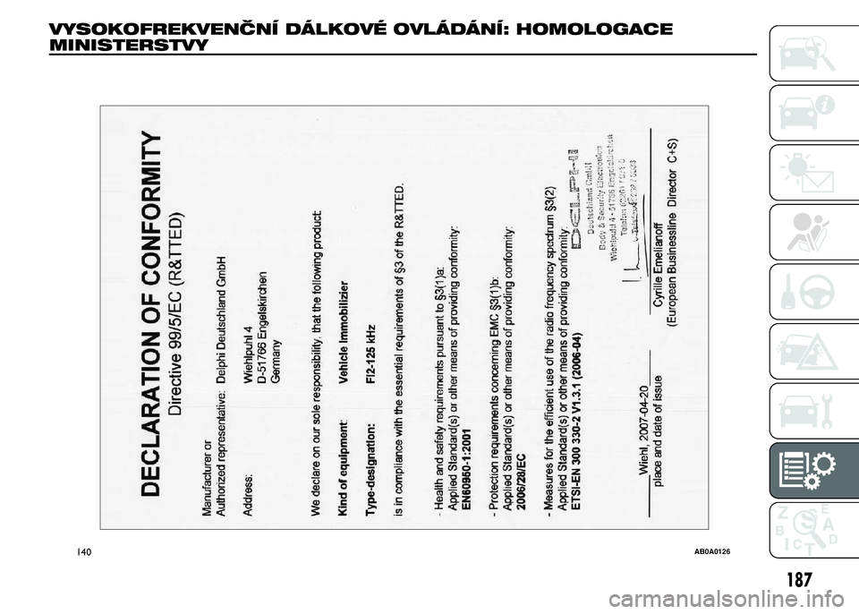 Abarth 500 2016 Návod k použití a údržbě (in Czech) VYSOKOFREKVENČNÍ DÁLKOVÉ OVLÁDÁNÍ: HOMOLOGACE
MINISTERSTVY
140AB0A0126
187 Abarth 500 2016 Návod k použití a údržbě (in Czech) VYSOKOFREKVENČNÍ DÁLKOVÉ OVLÁDÁNÍ: HOMOLOGACE
MINISTERSTVY
140AB0A0126
187