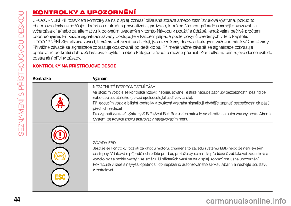 Abarth 500 2017 Návod k použití a údržbě (in Czech) KONTROLKY A UPOZORNĚNÍ
UPOZORNĚNÍ Při rozsvícení kontrolky se na displeji zobrazí příslušná zpráva a/nebo zazní zvuková výstraha, pokud to
přístrojová deska umožňuje. Jedná se o Abarth 500 2017 Návod k použití a údržbě (in Czech) KONTROLKY A UPOZORNĚNÍ
UPOZORNĚNÍ Při rozsvícení kontrolky se na displeji zobrazí příslušná zpráva a/nebo zazní zvuková výstraha, pokud to
přístrojová deska umožňuje. Jedná se o