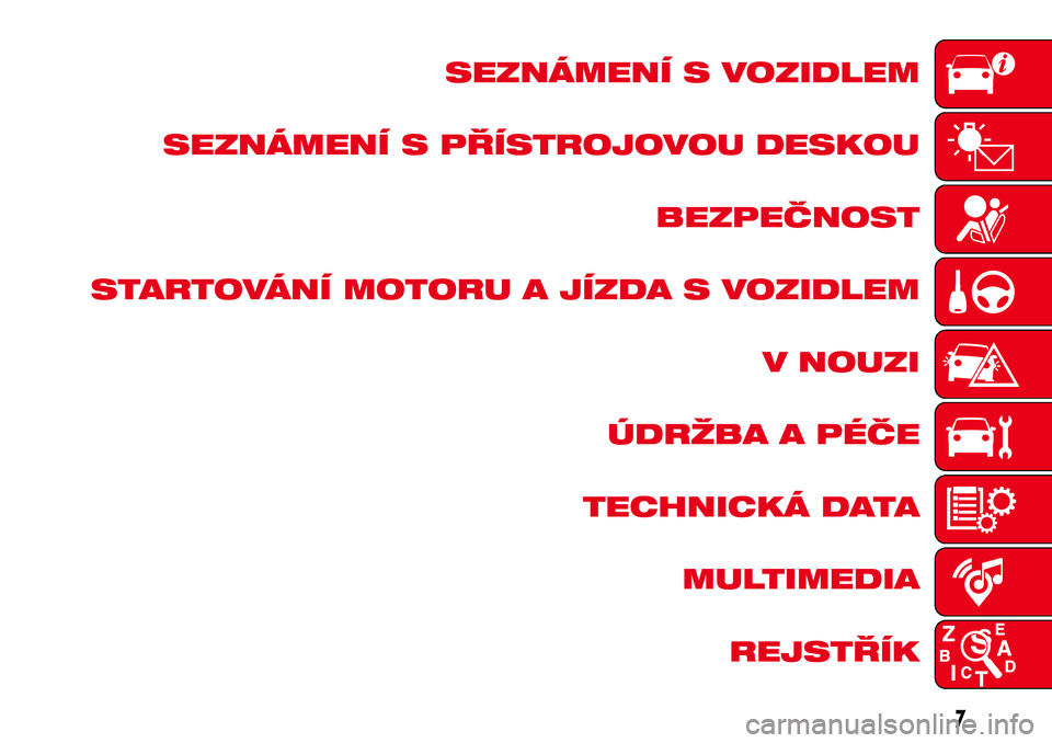 Abarth 500 2017  Návod k použití a údržbě (in Czech) SEZNÁMENÍ S VOZIDLEM
SEZNÁMENÍ S PŘÍSTROJOVOU DESKOU
BEZPEČNOST
STARTOVÁNÍ MOTORU A JÍZDA S VOZIDLEM
V NOUZI
ÚDRŽBA A PÉČE
TECHNICKÁ DATA
MULTIMEDIA
REJSTŘÍK
7 