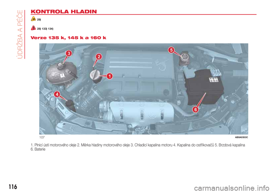 Abarth 500 2018 Návod k použití a údržbě (in Czech) KONTROLA HLADIN
29)
28) 133) 134).
Verze 135 k, 145 k a 160 k
1. Plnicí ústí motorového oleje 2. Měrka hladiny motorového oleje 3. Chladicí kapalina motoru 4. Kapalina do ostřikovačů 5. Brzd Abarth 500 2018 Návod k použití a údržbě (in Czech) KONTROLA HLADIN
29)
28) 133) 134).
Verze 135 k, 145 k a 160 k
1. Plnicí ústí motorového oleje 2. Měrka hladiny motorového oleje 3. Chladicí kapalina motoru 4. Kapalina do ostřikovačů 5. Brzd