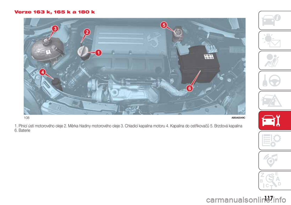 Abarth 500 2018 Návod k použití a údržbě (in Czech) Verze 163 k, 165 k a 180 k
1. Plnicí ústí motorového oleje 2. Měrka hladiny motorového oleje 3. Chladicí kapalina motoru 4. Kapalina do ostřikovačů 5. Brzdová kapalina
6. Baterie
108AB0A034 Abarth 500 2018 Návod k použití a údržbě (in Czech) Verze 163 k, 165 k a 180 k
1. Plnicí ústí motorového oleje 2. Měrka hladiny motorového oleje 3. Chladicí kapalina motoru 4. Kapalina do ostřikovačů 5. Brzdová kapalina
6. Baterie
108AB0A034