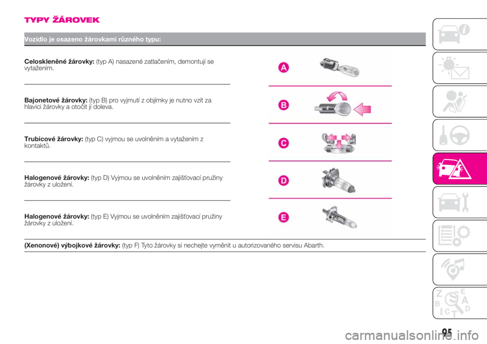 Abarth 500 2020  Návod k použití a údržbě (in Czech) TYPY ŽÁROVEK
Vozidlo je osazeno žárovkami různého typu:
Celoskleněné žárovky:(typ A) nasazené zatlačením, demontují se
vytažením.
Bajonetové žárovky:(typ B) pro vyjmutí z objímky 