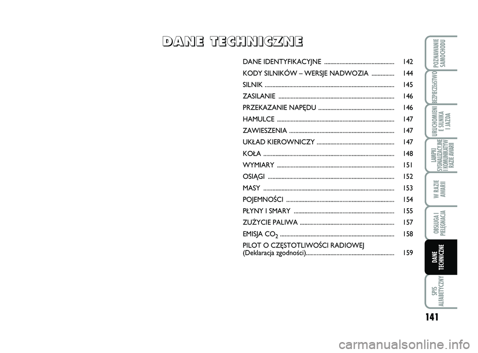 Abarth 500 2009 Instrukcja obsługi (in Polish) 141
BEZPIECZEńST
WO
SPIS
ALFABETYCZNY
POZNAWANIE
SAMOCHODU
URUCHOMIENI
E SILNIKA
I JAZDA
LAMPKI
SYGNALIZACYJNE
I KOMUNIKATYW
RAZIE AWARII
W RAZIE
AWARII
OBSŁUGA I
PIELĘGNACJA
DANE
TECHNICZNE
DA Abarth 500 2009 Instrukcja obsługi (in Polish) 141
BEZPIECZEńST
WO
SPIS
ALFABETYCZNY
POZNAWANIE
SAMOCHODU
URUCHOMIENI
E SILNIKA
I JAZDA
LAMPKI
SYGNALIZACYJNE
I KOMUNIKATYW
RAZIE AWARII
W RAZIE
AWARII
OBSŁUGA I
PIELĘGNACJA
DANE
TECHNICZNE
DA