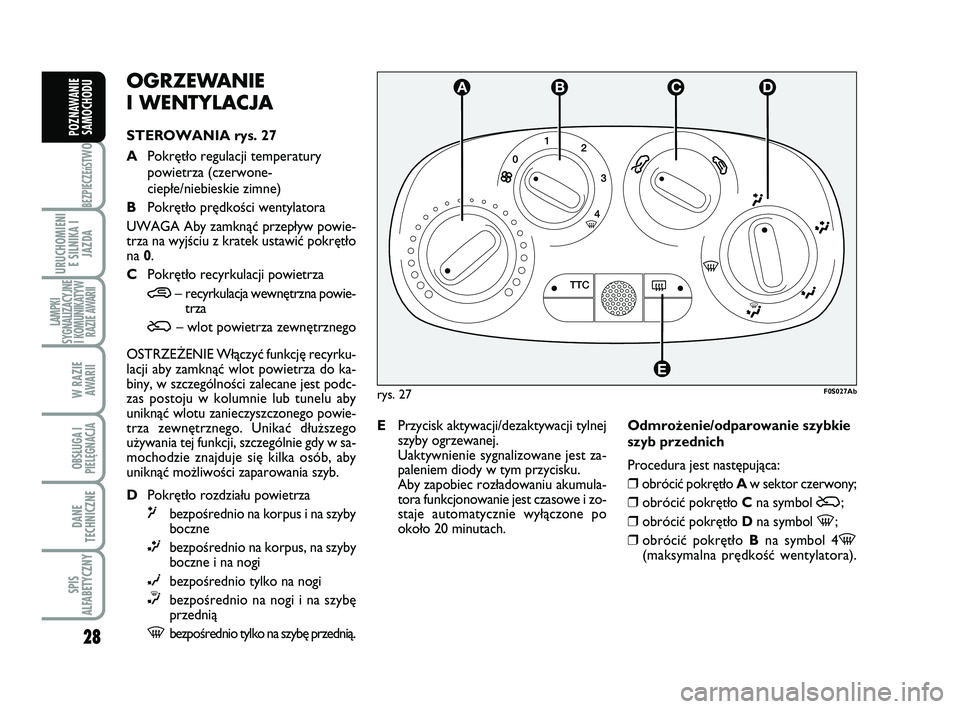 Abarth 500 2010 Instrukcja obsługi (in Polish) 28
BEZPIECZEńST
WO
URUCHOMIENI
E SILNIKA I
JAZDA
LAMPKI
SYGNALIZACYJNE
I KOMUNIKATYW
RAZIE AWARII
W RAZIE
AWARII
OBSŁUGA I
PIELĘGNACJA
DANE
TECHNICZNE
SPIS
ALFABETYCZNY
POZNAWANIE
SAMOCHODU
rys. Abarth 500 2010 Instrukcja obsługi (in Polish) 28
BEZPIECZEńST
WO
URUCHOMIENI
E SILNIKA I
JAZDA
LAMPKI
SYGNALIZACYJNE
I KOMUNIKATYW
RAZIE AWARII
W RAZIE
AWARII
OBSŁUGA I
PIELĘGNACJA
DANE
TECHNICZNE
SPIS
ALFABETYCZNY
POZNAWANIE
SAMOCHODU
rys.