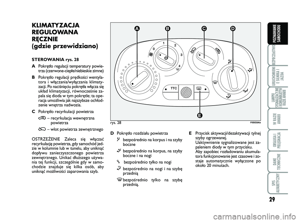 Abarth 500 2010 Instrukcja obsługi (in Polish) 29
BEZPIECZEńST
WO
URUCHOMIENI
E SILNIKA I
JAZDA
LAMPKI
SYGNALIZACYJNE
I KOMUNIKATYW
RAZIE AWARII
W RAZIE
AWARII
OBSŁUGA I
PIELĘGNACJA
DANE
TECHNICZNE
SPIS
ALFABETYCZNY
POZNAWANIE
SAMOCHODU
KLIMA Abarth 500 2010 Instrukcja obsługi (in Polish) 29
BEZPIECZEńST
WO
URUCHOMIENI
E SILNIKA I
JAZDA
LAMPKI
SYGNALIZACYJNE
I KOMUNIKATYW
RAZIE AWARII
W RAZIE
AWARII
OBSŁUGA I
PIELĘGNACJA
DANE
TECHNICZNE
SPIS
ALFABETYCZNY
POZNAWANIE
SAMOCHODU
KLIMA