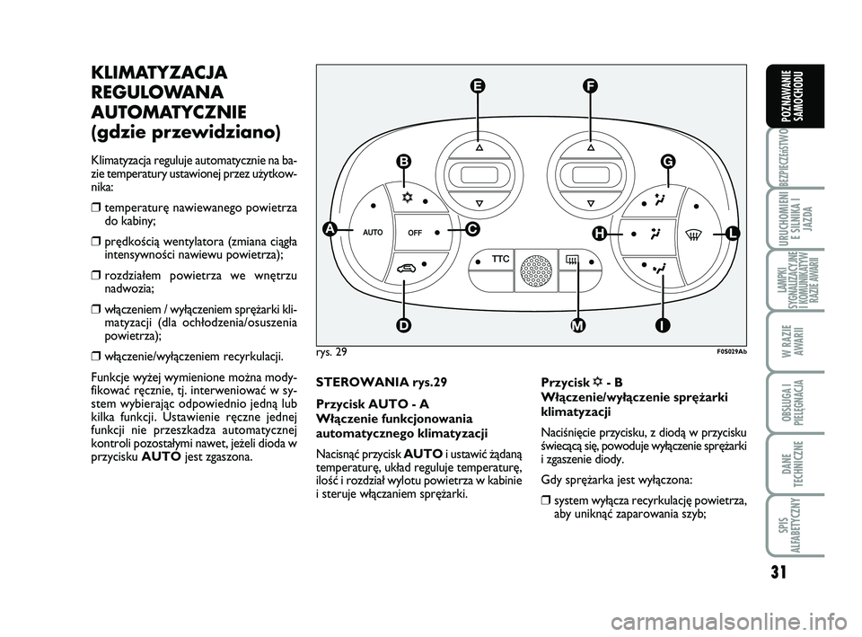 Abarth 500 2009 Instrukcja obsługi (in Polish) 31
BEZPIECZEńST
WO
URUCHOMIENI
E SILNIKA I
JAZDA
LAMPKI
SYGNALIZACYJNE
I KOMUNIKATYW
RAZIE AWARII
W RAZIE
AWARII
OBSŁUGA I
PIELĘGNACJA
DANE
TECHNICZNE
SPIS
ALFABETYCZNY
POZNAWANIE
SAMOCHODU
KLIMA Abarth 500 2009 Instrukcja obsługi (in Polish) 31
BEZPIECZEńST
WO
URUCHOMIENI
E SILNIKA I
JAZDA
LAMPKI
SYGNALIZACYJNE
I KOMUNIKATYW
RAZIE AWARII
W RAZIE
AWARII
OBSŁUGA I
PIELĘGNACJA
DANE
TECHNICZNE
SPIS
ALFABETYCZNY
POZNAWANIE
SAMOCHODU
KLIMA