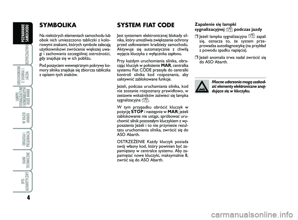 Abarth 500 2010 Instrukcja obsługi (in Polish) Zapalenie si´ lampki
sygnalizacyjnej
Ypodczas jazdy
❒Je˝eli lampka sygnalizacyjna Yzapali
si´, oznacza to, ˝e system prze-
prowadza autodiagnostyk´ (na przyk∏ad
z powodu spadku napi´cia).
Abarth 500 2010 Instrukcja obsługi (in Polish) Zapalenie si´ lampki
sygnalizacyjnej
Ypodczas jazdy
❒Je˝eli lampka sygnalizacyjna Yzapali
si´, oznacza to, ˝e system prze-
prowadza autodiagnostyk´ (na przyk∏ad
z powodu spadku napi´cia).