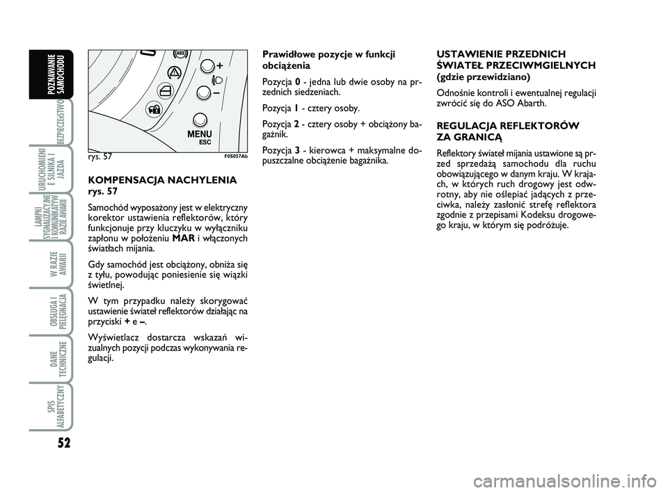 Abarth 500 2009 Instrukcja obsługi (in Polish) 52
BEZPIECZEńST
WO
URUCHOMIENI
E SILNIKA I
JAZDA
LAMPKI
SYGNALIZACYJNE
I KOMUNIKATYW
RAZIE AWARII
W RAZIE
AWARII
OBSŁUGA I
PIELĘGNACJA
DANE
TECHNICZNE
SPIS
ALFABETYCZNY
POZNAWANIE
SAMOCHODU
KOMPE Abarth 500 2009 Instrukcja obsługi (in Polish) 52
BEZPIECZEńST
WO
URUCHOMIENI
E SILNIKA I
JAZDA
LAMPKI
SYGNALIZACYJNE
I KOMUNIKATYW
RAZIE AWARII
W RAZIE
AWARII
OBSŁUGA I
PIELĘGNACJA
DANE
TECHNICZNE
SPIS
ALFABETYCZNY
POZNAWANIE
SAMOCHODU
KOMPE