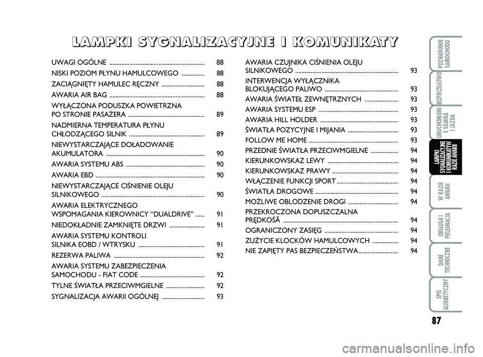 Abarth 500 2009 Instrukcja obsługi (in Polish) 87
BEZPIECZEńST
WO
W RAZIE
AWARII
OBSŁUGA I
PIELĘGNACJA
DANE
TECHNICZNE
SPIS
ALFABETYCZNY
POZNAWANIE
SAMOCHODU
URUCHOMIENI
E SILNIKA
I JAZDA
LAMPKI
SYGNALIZACYJNE
I KOMUNIKATYW
RAZIE AWARII
UWA Abarth 500 2009 Instrukcja obsługi (in Polish) 87
BEZPIECZEńST
WO
W RAZIE
AWARII
OBSŁUGA I
PIELĘGNACJA
DANE
TECHNICZNE
SPIS
ALFABETYCZNY
POZNAWANIE
SAMOCHODU
URUCHOMIENI
E SILNIKA
I JAZDA
LAMPKI
SYGNALIZACYJNE
I KOMUNIKATYW
RAZIE AWARII
UWA