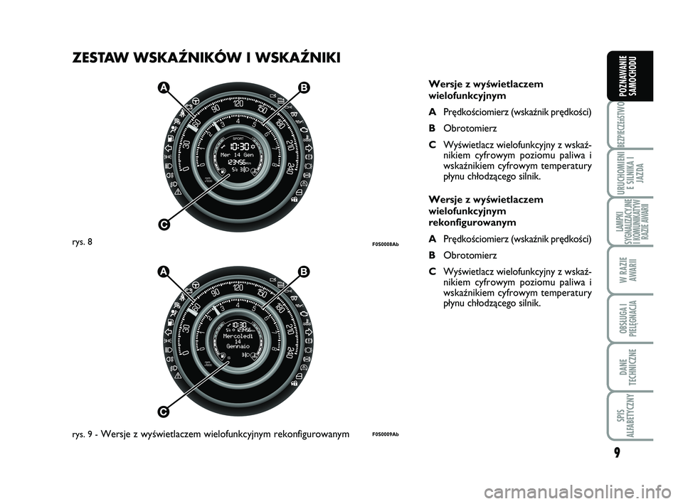 Abarth 500 2010 Instrukcja obsługi (in Polish) ZESTAW WSKAŹNIKÓW I WSKAŹNIKI
9
BEZPIECZEńST
WO
URUCHOMIENI
E SILNIKA I
JAZDA
LAMPKI
SYGNALIZACYJNE
I KOMUNIKATYW
RAZIE AWARII
W RAZIE
AWARII
OBSŁUGA I
PIELĘGNACJA
DANE
TECHNICZNE
SPIS
ALFABET Abarth 500 2010 Instrukcja obsługi (in Polish) ZESTAW WSKAŹNIKÓW I WSKAŹNIKI
9
BEZPIECZEńST
WO
URUCHOMIENI
E SILNIKA I
JAZDA
LAMPKI
SYGNALIZACYJNE
I KOMUNIKATYW
RAZIE AWARII
W RAZIE
AWARII
OBSŁUGA I
PIELĘGNACJA
DANE
TECHNICZNE
SPIS
ALFABET