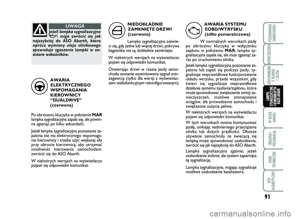 Abarth 500 2009  Instrukcja obsługi (in Polish) 91
BEZPIECZEńST
WO
W RAZIE 
AWARII
OBSŁUGA I
PIELĘGNACJA 
DANE
TECHNICZNE
SPIS
ALFABETYCZNY
POZNAWANIE
SAMOCHODU
URUCHOMIENI
E SILNIKA 
I JAZDA
LAMPKI
SYGNALIZACYJNE 
I KOMUNIKATYW
RAZIE AWARII
AWA
