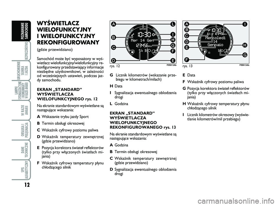 Abarth 500 2011 Instrukcja obsługi (in Polish) 12
BEZPIECZEŃSTWO
URUCHOMIENIE
SILNIKA
I JAZDA
LAMPKI
SYGNALIZACYJNE
I KOMUNIKATY W RAZIE AWARII
W RAZIE
AWARII
OBSŁUGA I
PIELĘGNACJA
DANE
TECHNICZNE
SPIS
ALFABETYCZNY
POZNAWANIE
SAMOCHODU
WY Ś Abarth 500 2011 Instrukcja obsługi (in Polish) 12
BEZPIECZEŃSTWO
URUCHOMIENIE
SILNIKA
I JAZDA
LAMPKI
SYGNALIZACYJNE
I KOMUNIKATY W RAZIE AWARII
W RAZIE
AWARII
OBSŁUGA I
PIELĘGNACJA
DANE
TECHNICZNE
SPIS
ALFABETYCZNY
POZNAWANIE
SAMOCHODU
WY Ś