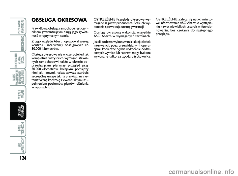 Abarth 500 2012 Instrukcja obsługi (in Polish) 124
DANE
TECHNICZNE
SPIS
ALFABETYCZNY
POZNAWANIE
SAMOCHODU
BEZPIECZEŃSTWO
URUCHOMIENIE
SILNIKA
I JAZDA
LAMPKI
SYGNALIZACYJNE
I KOMUNIKATY W RAZIE AWARII
W RAZIE
AWARII
OBSŁUGA I
PIELĘGNACJA
OSTR Abarth 500 2012 Instrukcja obsługi (in Polish) 124
DANE
TECHNICZNE
SPIS
ALFABETYCZNY
POZNAWANIE
SAMOCHODU
BEZPIECZEŃSTWO
URUCHOMIENIE
SILNIKA
I JAZDA
LAMPKI
SYGNALIZACYJNE
I KOMUNIKATY W RAZIE AWARII
W RAZIE
AWARII
OBSŁUGA I
PIELĘGNACJA
OSTR