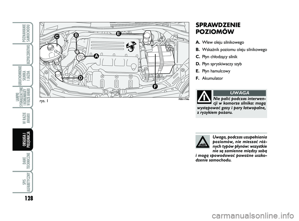 Abarth 500 2012 Instrukcja obsługi (in Polish) 128
DANE
TECHNICZNE
SPIS
ALFABETYCZNY
POZNAWANIE
SAMOCHODU
BEZPIECZEŃSTWO
URUCHOMIENIE
SILNIKA
I JAZDA
LAMPKI
SYGNALIZACYJNE
I KOMUNIKATY W RAZIE AWARII
W RAZIE
AWARII
OBSŁUGA I
PIELĘGNACJA
SPRA Abarth 500 2012 Instrukcja obsługi (in Polish) 128
DANE
TECHNICZNE
SPIS
ALFABETYCZNY
POZNAWANIE
SAMOCHODU
BEZPIECZEŃSTWO
URUCHOMIENIE
SILNIKA
I JAZDA
LAMPKI
SYGNALIZACYJNE
I KOMUNIKATY W RAZIE AWARII
W RAZIE
AWARII
OBSŁUGA I
PIELĘGNACJA
SPRA