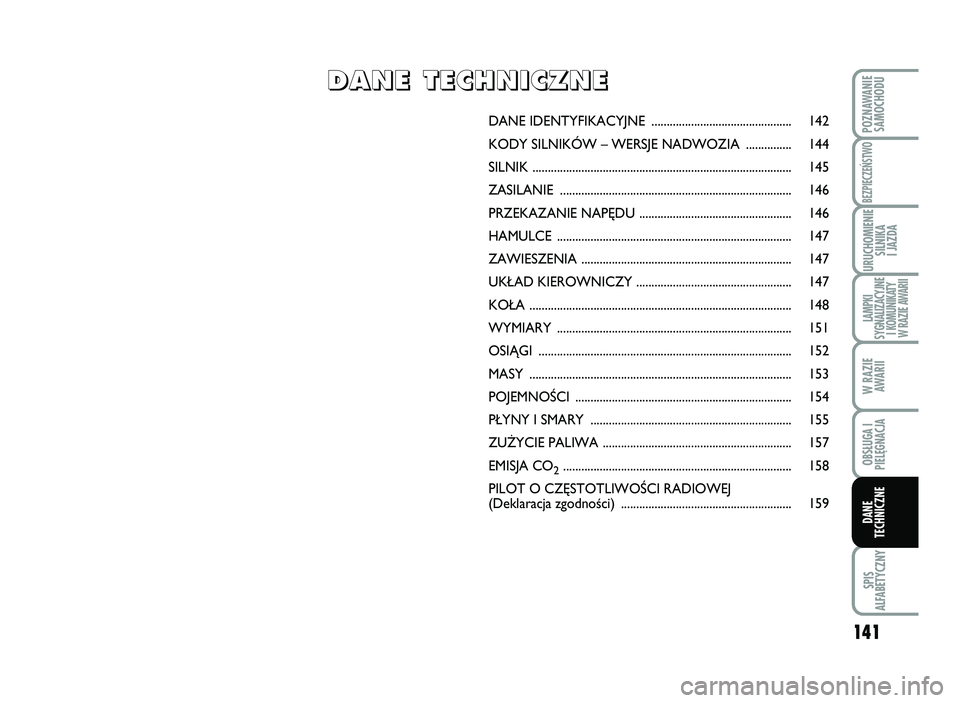 Abarth 500 2011 Instrukcja obsługi (in Polish) 141
SPIS
AL\bABETYCZNY
POZNAWANIE
SAMOCHODU
BEZPIECZEŃSTWO
URUCHOMIENIE
SILNIKA
I\fAZDA
LAMPKI
SYGNALIZACY\fNE
IKOMUNIKATY
WRAZIEAWARII
WRAZIE
AWARII
OBSŁUGAI
PIELĘGNAC\fA
DANE
TECHNICZNE
D ANE IDE Abarth 500 2011 Instrukcja obsługi (in Polish) 141
SPIS
AL\bABETYCZNY
POZNAWANIE
SAMOCHODU
BEZPIECZEŃSTWO
URUCHOMIENIE
SILNIKA
I\fAZDA
LAMPKI
SYGNALIZACY\fNE
IKOMUNIKATY
WRAZIEAWARII
WRAZIE
AWARII
OBSŁUGAI
PIELĘGNAC\fA
DANE
TECHNICZNE
D ANE IDE