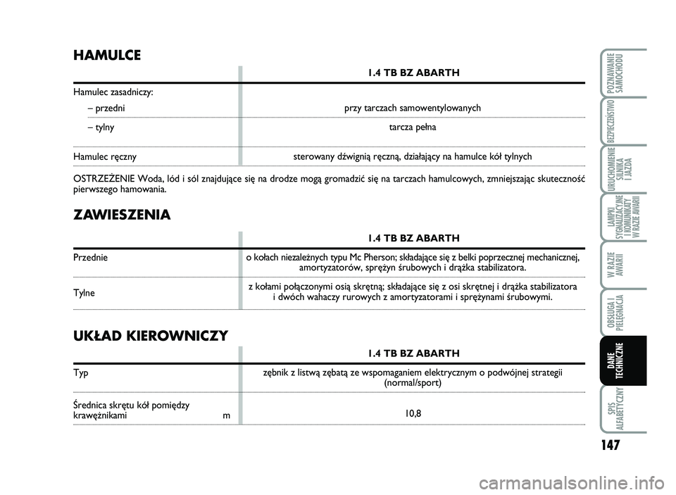 Abarth 500 2011 Instrukcja obsługi (in Polish) 14\b
SPIS
AL\bABETYCZNY
POZNAWANIE
SAMOCHODU
BEZPIECZEŃSTWO
URUCHOMIENIE
SILNIKA
I \fAZDA
LAMPKI
SYGNALIZACY\fNE
I KOMUNIKATY
W RAZIE AWARII
W RAZIE
AWARII
OBSŁUGA I
PIELĘGNAC\fA
DANE
TECHNICZNE Abarth 500 2011 Instrukcja obsługi (in Polish) 14\b
SPIS
AL\bABETYCZNY
POZNAWANIE
SAMOCHODU
BEZPIECZEŃSTWO
URUCHOMIENIE
SILNIKA
I \fAZDA
LAMPKI
SYGNALIZACY\fNE
I KOMUNIKATY
W RAZIE AWARII
W RAZIE
AWARII
OBSŁUGA I
PIELĘGNAC\fA
DANE
TECHNICZNE