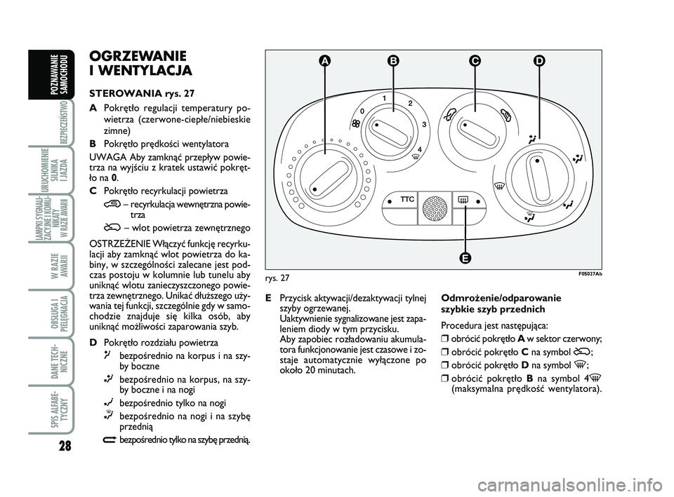 Abarth 500 2011  Instrukcja obsługi (in Polish) 28
BEZPIECZEŃSTWO
URUCHOMIENIE
SILNIKA 
I JAZDA
LAMPKI SYGNALI-
ZACYJNE I KOMU-
NIKATY W RAZIE AWARII
W RAZIE 
AWARII
OBSŁUGA I
PIELĘGNACJA 
DANE TECH-
NICZNE
SPIS ALFABE-
TYCZNY
POZNAWANIE
SAMOCHO