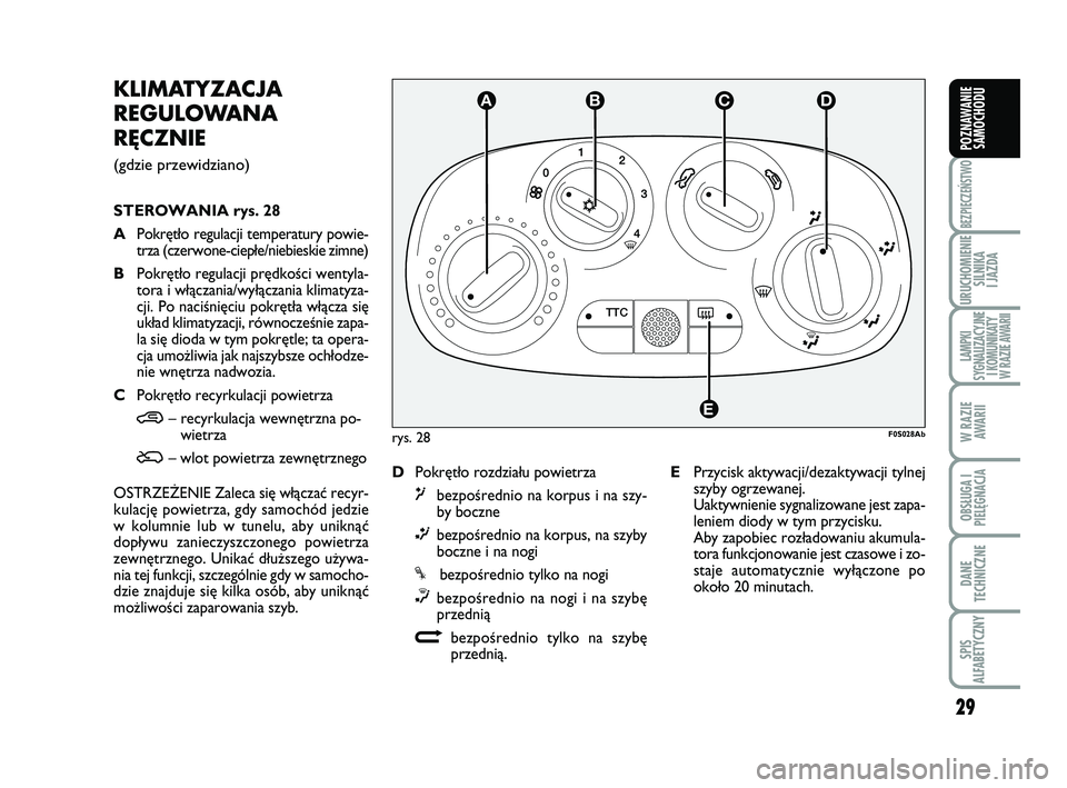 Abarth 500 2011  Instrukcja obsługi (in Polish) 29
BEZPIECZEŃSTWO
URUCHOMIENIE
SILNIKA 
I JAZDA
LAMPKI 
SYGNALIZACYJNE
I KOMUNIKATY
W RAZIE AWARII
W RAZIE
AWARII
OBSŁUGA I
PIELĘGNACJA 
DANE
TECHNICZNE
SPIS 
ALFABETYCZNY
POZNAWANIE
SAMOCHODU
KLI 