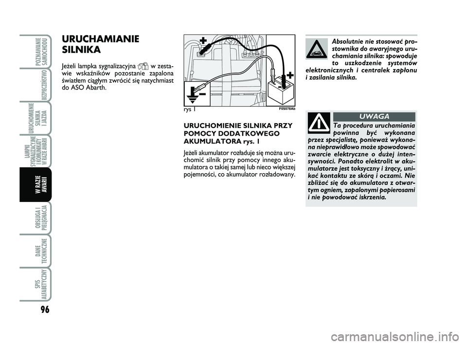 Abarth 500 2012 Instrukcja obsługi (in Polish) 96
OBSŁUGA I
PIELĘGNACJA
DANE
TECHNICZNE
SPIS
ALFABETYCZNY
POZNAWANIE
SAMOCHODU
BEZPIECZEŃSTWO
URUCHOMIENIE
SILNIKA
I JAZDA
LAMPKI
SYGNALIZACYJNE
I KOMUNIKATY W RAZIE AWARII
W RAZIE
AWARII
URUCH Abarth 500 2012 Instrukcja obsługi (in Polish) 96
OBSŁUGA I
PIELĘGNACJA
DANE
TECHNICZNE
SPIS
ALFABETYCZNY
POZNAWANIE
SAMOCHODU
BEZPIECZEŃSTWO
URUCHOMIENIE
SILNIKA
I JAZDA
LAMPKI
SYGNALIZACYJNE
I KOMUNIKATY W RAZIE AWARII
W RAZIE
AWARII
URUCH
