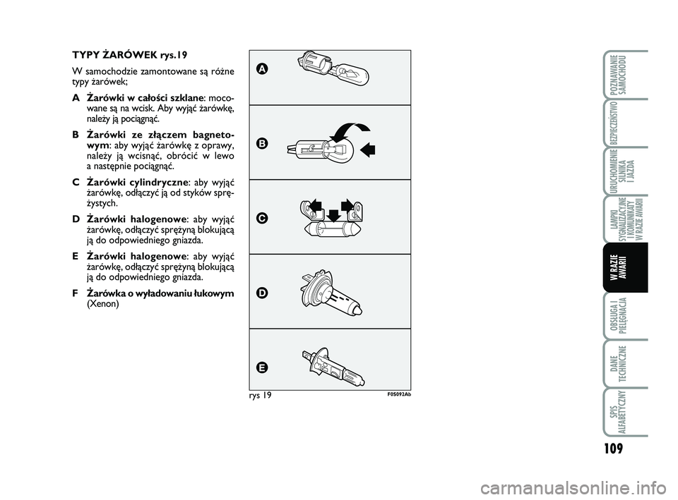 Abarth 500 2013 Instrukcja obsługi (in Polish) 109
OBSŁUGA I
PIELĘGNACJA
DANE
TECHNICZNE
SPIS
ALFABETYCZNY
POZNAWANIE
SAMOCHODU
BEZPIECZEŃSTWO
URUCHOMIENIE
SILNIKA
I JAZDA
LAMPKI
SYGNALIZACYJNE
I KOMUNIKATY
W RAZIE AWARII
W RAZIE
AWARII
TYPY Abarth 500 2013 Instrukcja obsługi (in Polish) 109
OBSŁUGA I
PIELĘGNACJA
DANE
TECHNICZNE
SPIS
ALFABETYCZNY
POZNAWANIE
SAMOCHODU
BEZPIECZEŃSTWO
URUCHOMIENIE
SILNIKA
I JAZDA
LAMPKI
SYGNALIZACYJNE
I KOMUNIKATY
W RAZIE AWARII
W RAZIE
AWARII
TYPY