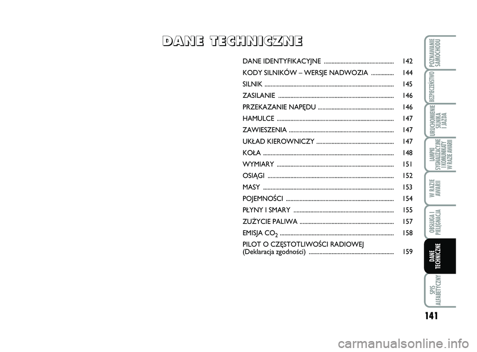 Abarth 500 2013 Instrukcja obsługi (in Polish) 141
SPIS
ALFABETYCZNY
POZNAWANIE
SAMOCHODU
BEZPIECZEŃSTWO
URUCHOMIENIE
SILNIKA
I JAZDA
LAMPKI
SYGNALIZACYJNE
I KOMUNIKATY
W RAZIE AWARII
W RAZIE
AWARII
OBSŁUGA I
PIELĘGNACJA
DANE
TECHNICZNE
DANE Abarth 500 2013 Instrukcja obsługi (in Polish) 141
SPIS
ALFABETYCZNY
POZNAWANIE
SAMOCHODU
BEZPIECZEŃSTWO
URUCHOMIENIE
SILNIKA
I JAZDA
LAMPKI
SYGNALIZACYJNE
I KOMUNIKATY
W RAZIE AWARII
W RAZIE
AWARII
OBSŁUGA I
PIELĘGNACJA
DANE
TECHNICZNE
DANE