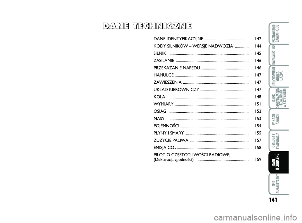 Abarth 500 2014  Instrukcja obsługi (in Polish) 141
SPIS
ALFABETYCZNY
POZNAWANIE
SAMOCHODU
BEZPIECZEŃSTWO
URUCHOMIENIE
SILNIKA 
I JAZDA
LAMPKI 
SYGNALIZACYJNE
I KOMUNIKATY
W RAZIE AWARII
W RAZIE
AWARII
OBSŁUGA I
PIELĘGNACJA 
DANE
TECHNICZNE
DANE