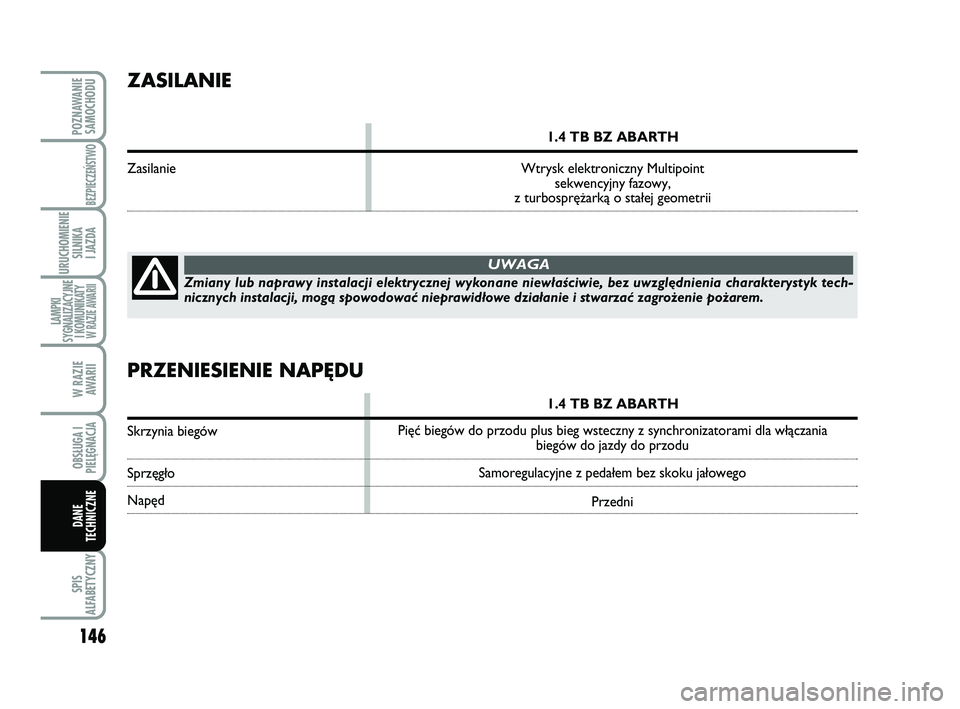 Abarth 500 2013 Instrukcja obsługi (in Polish) 146
SPIS
ALFABETYCZNY
POZNAWANIE
SAMOCHODU
BEZPIECZEŃSTWO
URUCHOMIENIE
SILNIKA
I JAZDA
LAMPKI
SYGNALIZACYJNE
I KOMUNIKATY W RAZIE AWARII
W RAZIE
AWARII
OBSŁUGA I
PIELĘGNACJA
DANE
TECHNICZNE
ZASI Abarth 500 2013 Instrukcja obsługi (in Polish) 146
SPIS
ALFABETYCZNY
POZNAWANIE
SAMOCHODU
BEZPIECZEŃSTWO
URUCHOMIENIE
SILNIKA
I JAZDA
LAMPKI
SYGNALIZACYJNE
I KOMUNIKATY W RAZIE AWARII
W RAZIE
AWARII
OBSŁUGA I
PIELĘGNACJA
DANE
TECHNICZNE
ZASI