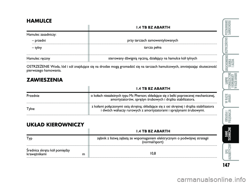 Abarth 500 2013 Instrukcja obsługi (in Polish) 147
SPIS
ALFABETYCZNY
POZNAWANIE
SAMOCHODU
BEZPIECZEŃSTWO
URUCHOMIENIE
SILNIKA
I JAZDA
LAMPKI
SYGNALIZACYJNE
I KOMUNIKATY
W RAZIE AWARII
W RAZIE
AWARII
OBSŁUGA I
PIELĘGNACJA
DANE
TECHNICZNE
ZAWI Abarth 500 2013 Instrukcja obsługi (in Polish) 147
SPIS
ALFABETYCZNY
POZNAWANIE
SAMOCHODU
BEZPIECZEŃSTWO
URUCHOMIENIE
SILNIKA
I JAZDA
LAMPKI
SYGNALIZACYJNE
I KOMUNIKATY
W RAZIE AWARII
W RAZIE
AWARII
OBSŁUGA I
PIELĘGNACJA
DANE
TECHNICZNE
ZAWI
