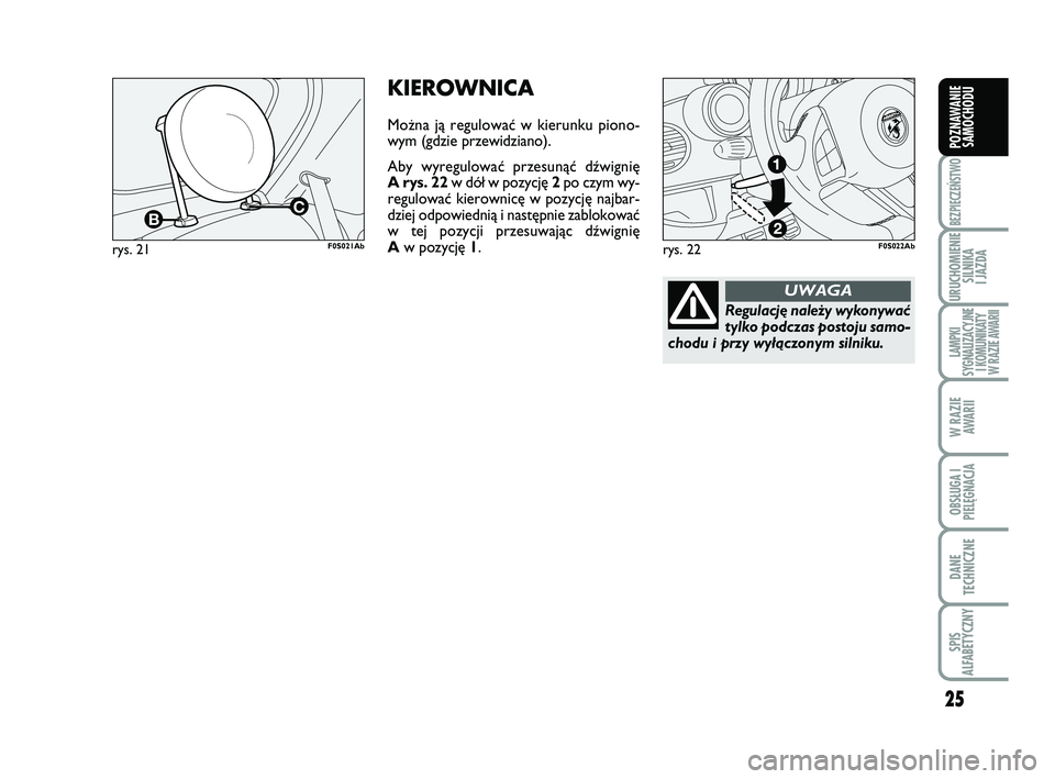 Abarth 500 2014  Instrukcja obsługi (in Polish) 25
BEZPIECZEŃSTWO
URUCHOMIENIE
SILNIKA 
I JAZDA
LAMPKI 
SYGNALIZACYJNE
I KOMUNIKATY
W RAZIE AWARII
W RAZIE
AWARII
OBSŁUGA I
PIELĘGNACJA 
DANE
TECHNICZNE
SPIS 
ALFABETYCZNY
POZNAWANIE
SAMOCHODU
rys.