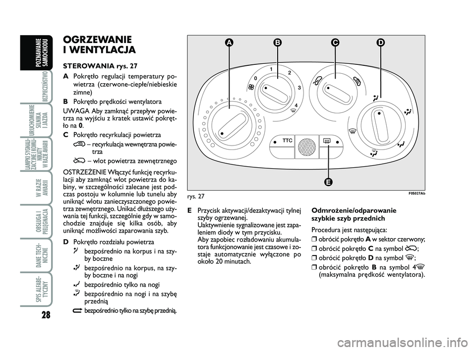 Abarth 500 2014  Instrukcja obsługi (in Polish) 28
BEZPIECZEŃSTWO
URUCHOMIENIE
SILNIKA 
I JAZDA
LAMPKI SYGNALI-
ZACYJNE I KOMU-
NIKATY W RAZIE AWARII
W RAZIE 
AWARII
OBSŁUGA I
PIELĘGNACJA 
DANE TECH-
NICZNE
SPIS ALFABE-
TYCZNY
POZNAWANIE
SAMOCHO